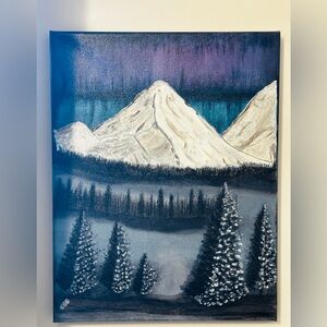 Hand-Painted Snowy Mountain Landscape Canvas Wall Art - Blue White Size 11” X 14
